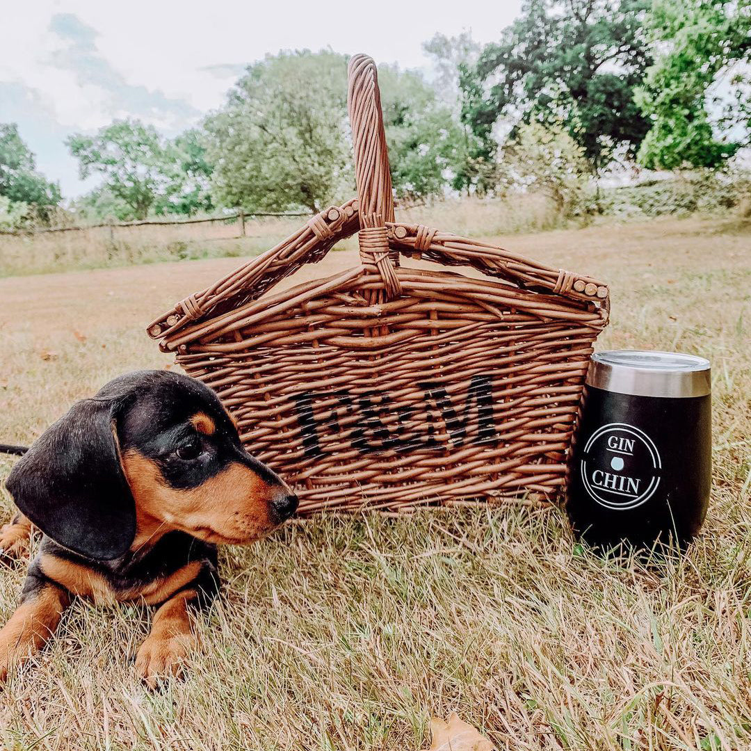 Dog next to a wicker picnic basket and 'GIN & CHIN' insulated tumbler in a grassy outdoor setting
