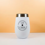 White insulated travel tumbler with 'GIN CHIN' text on a peach background