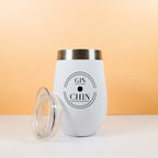 White insulated gin tumbler with 'GIN & CHIN' text on a peach background
