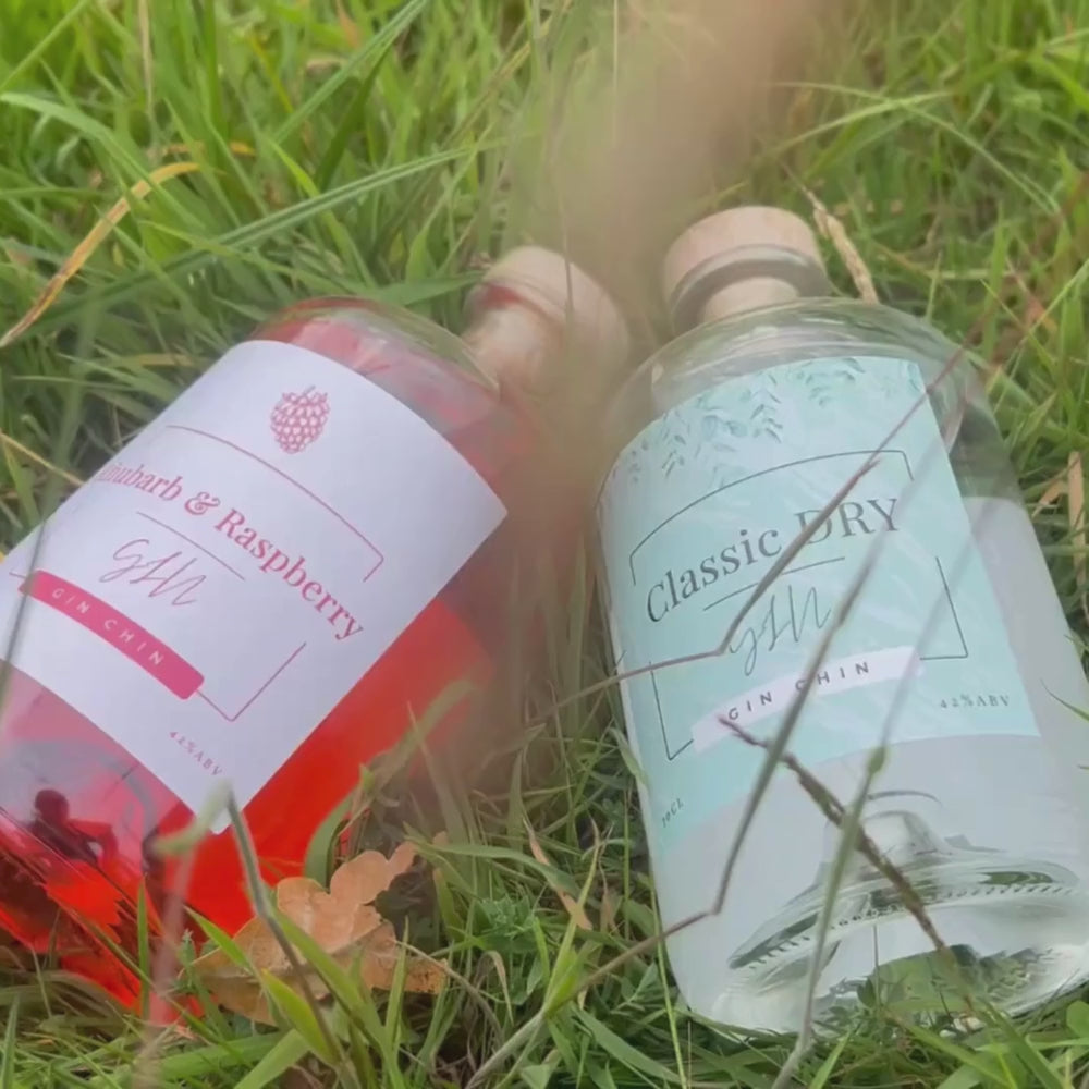 Two bottles of Gin Chin artisan gin "Classic Dry" and "Rhubarb and Raspberry" on a grassy background